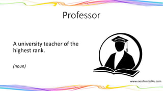 Professor
A university teacher of the
highest rank.
(noun)
 