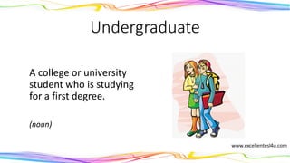 Undergraduate
A college or university
student who is studying
for a first degree.
(noun)
 