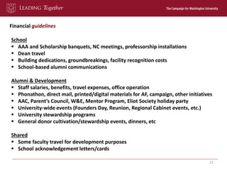 Financial guidelines
21
School
 AAA and Scholarship banquets, NC meetings, professorship installations
 Dean travel
 Bu...