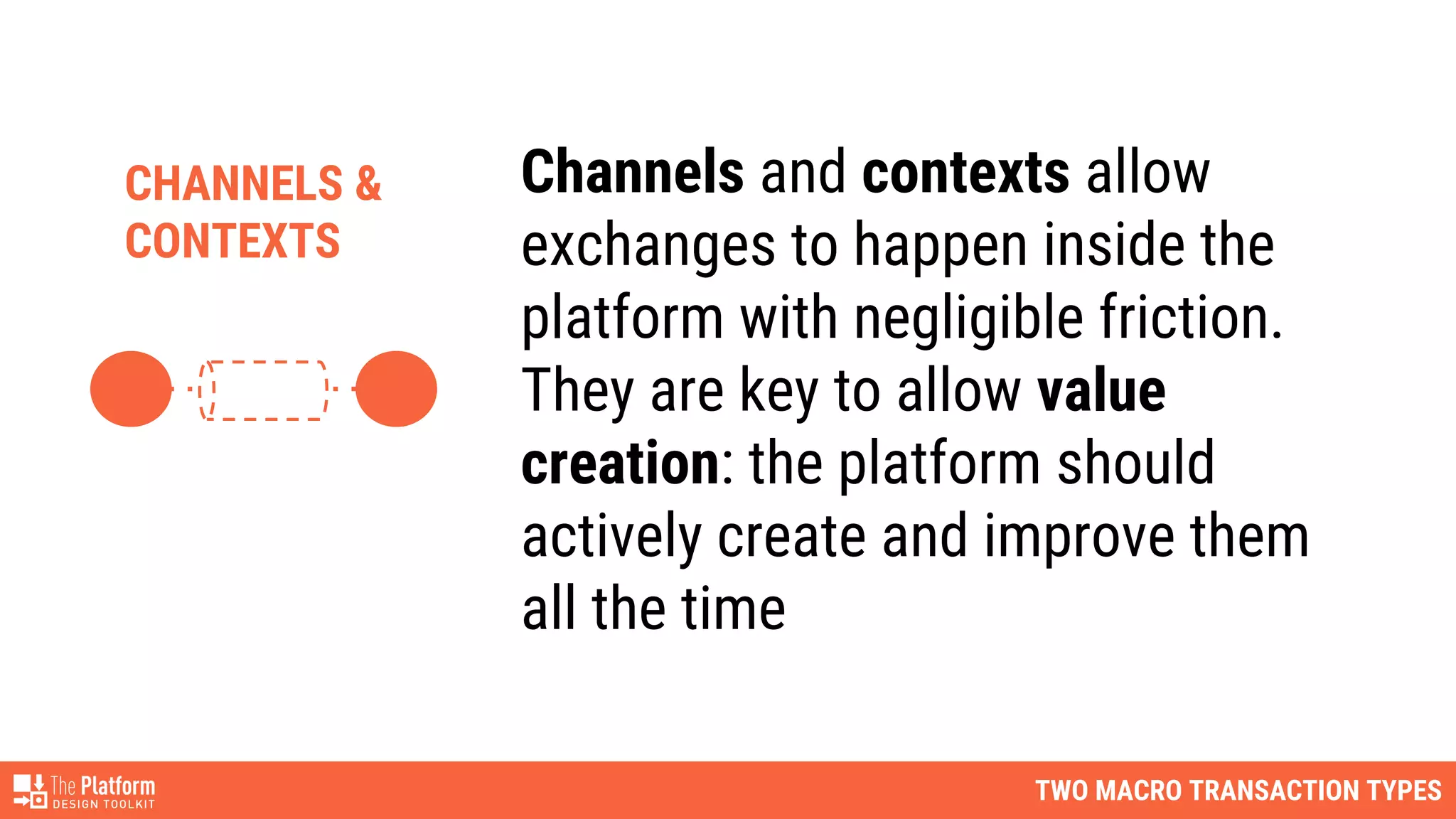 TWO MACRO TRANSACTION TYPES
Channels and contexts allow
exchanges to happen inside the
platform with negligible friction.
They are key to allow value
creation: the platform should
actively create and improve them
all the time
CHANNELS &
CONTEXTS
 