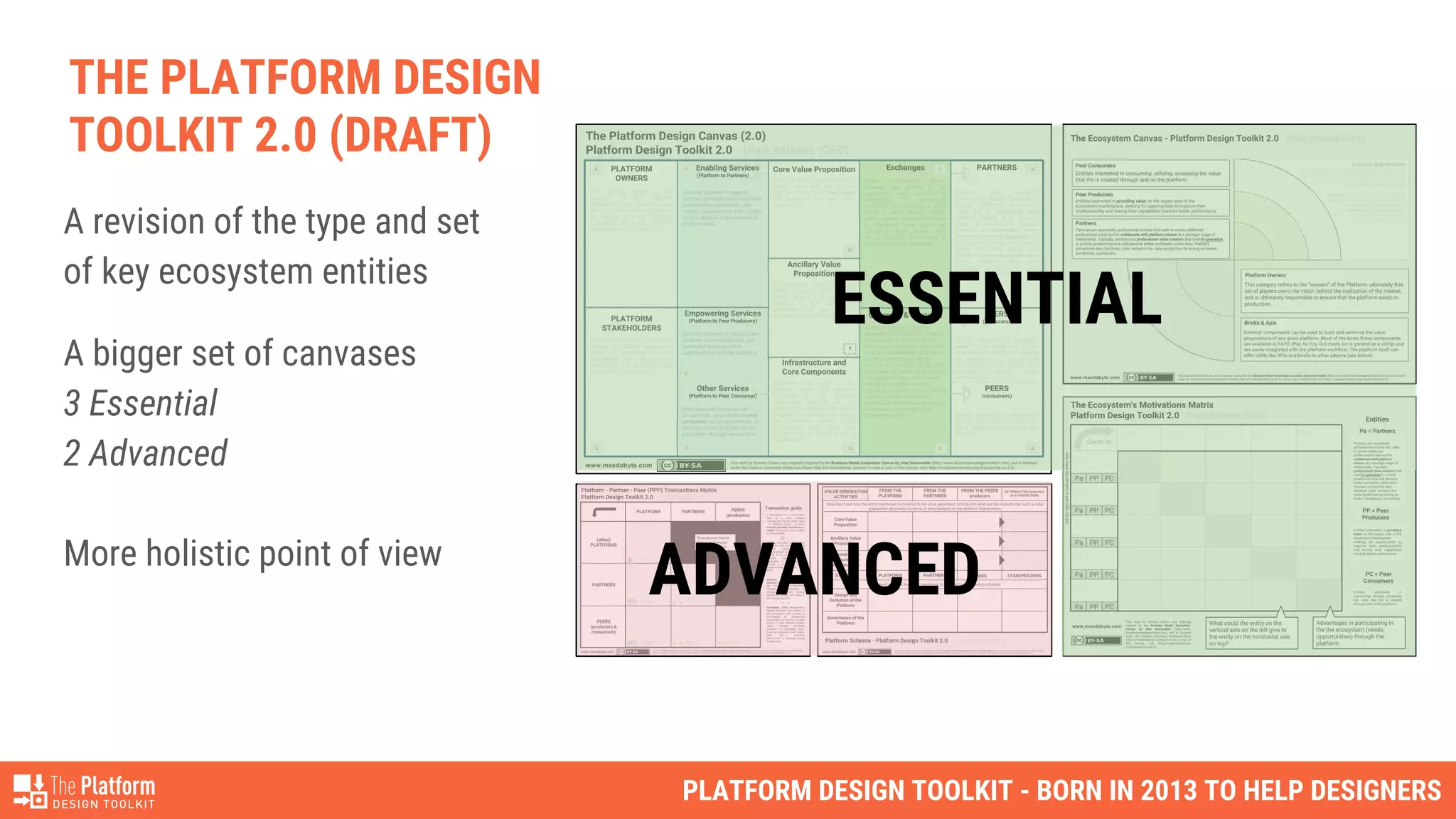 PLATFORM DESIGN TOOLKIT - BORN IN 2013 TO HELP DESIGNERS
THE PLATFORM DESIGN
TOOLKIT 2.0 (DRAFT)
A revision of the type and set
of key ecosystem entities
A bigger set of canvases
3 Essential
2 Advanced
More holistic point of view
ADVANCED
ESSENTIAL
 