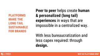 WHY DO PLATFORMS WIN?
Peer to peer helps create human
& personalized (long tail)
experiences in ways that are
impossible in a centralized way.
With less bureaucratization and
less capex required: through
design.
PLATFORMS
MAKE THE
LONG TAIL
SUSTAINABLE
FOR BRANDS
 