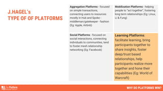 Aggregation Platforms - focused
on simple transactions,
connecting users to resources
mostly in Hub and Spoke -
middleman/gatekeeper - fashion
(Eg: Apple, Airbnb)
Mobilization Platforms - helping
people to “act together”, fostering
long term relationships (Eg: Linux,
Li & Fung)
Social Platforms - focused on
social interactions, connecting
individuals to communities, tend
to foster mesh relationship
networking (Eg: Facebook)
Learning Platforms:
facilitate learning, bring
participants together to
share insights, foster
deep/trust based
relationships, help
participants realize more
together and hone their
capabilities (Eg: World of
Warcraft)
J.HAGEL’s
TYPE OF OF PLATFORMS
WHY DO PLATFORMS WIN?
 