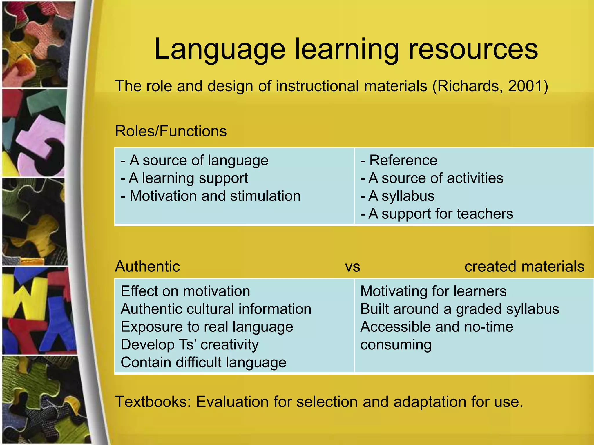 Language learning resources
The role and design of instructional materials (Richards, 2001)
Roles/Functions
- A source of language
- A learning support
- Motivation and stimulation

Authentic
Effect on motivation
Authentic cultural information
Exposure to real language
Develop Ts’ creativity
Contain difficult language

- Reference
- A source of activities
- A syllabus
- A support for teachers

vs

created materials

Motivating for learners
Built around a graded syllabus
Accessible and no-time
consuming

Textbooks: Evaluation for selection and adaptation for use.

 