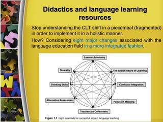 Didactics and language learning
resources
Stop understanding the CLT shift in a piecemeal (fragmented)
in order to implement it in a holistic manner.
How? Considering eight major changes associated with the
language education field in a more integrated fashion.

 