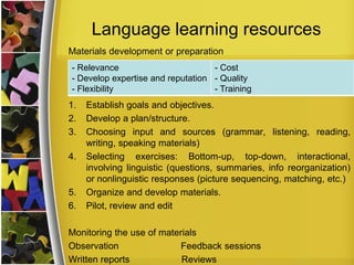 Language learning resources
Materials development or preparation
- Relevance
- Cost
- Develop expertise and reputation - Quality
- Flexibility
- Training

1.
2.
3.
4.

5.
6.

Establish goals and objectives.
Develop a plan/structure.
Choosing input and sources (grammar, listening, reading,
writing, speaking materials)
Selecting exercises: Bottom-up, top-down, interactional,
involving linguistic (questions, summaries, info reorganization)
or nonlinguistic responses (picture sequencing, matching, etc.)
Organize and develop materials.
Pilot, review and edit

Monitoring the use of materials
Observation
Feedback sessions
Written reports
Reviews

 