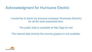 Acknowledgment for Hurricane Electric
I would like to thank my previous employer (Hurricane Electric)
for all the work presented here.
The public data is available at http://bgp.he.net/
The internal data (mainly the country graphs) is not available.
 