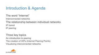 Introduction & Agenda
The word “Internet”
Interconnected networks
The relationship between individual networks
IP transit
IP peering
Three key topics
An introduction to peering
The creation of IXPs (Internet Peering Points)
Visualizing interconnected networks
 
