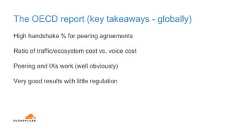 The OECD report (key takeaways - globally)
High handshake % for peering agreements
Ratio of traffic/ecosystem cost vs. voice cost
Peering and IXs work (well obviously)
Very good results with little regulation
 