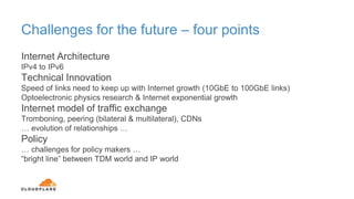 Challenges for the future – four points
Internet Architecture
IPv4 to IPv6
Technical Innovation
Speed of links need to keep up with Internet growth (10GbE to 100GbE links)
Optoelectronic physics research & Internet exponential growth
Internet model of traffic exchange
Tromboning, peering (bilateral & multilateral), CDNs
… evolution of relationships …
Policy
… challenges for policy makers …
“bright line” between TDM world and IP world
 