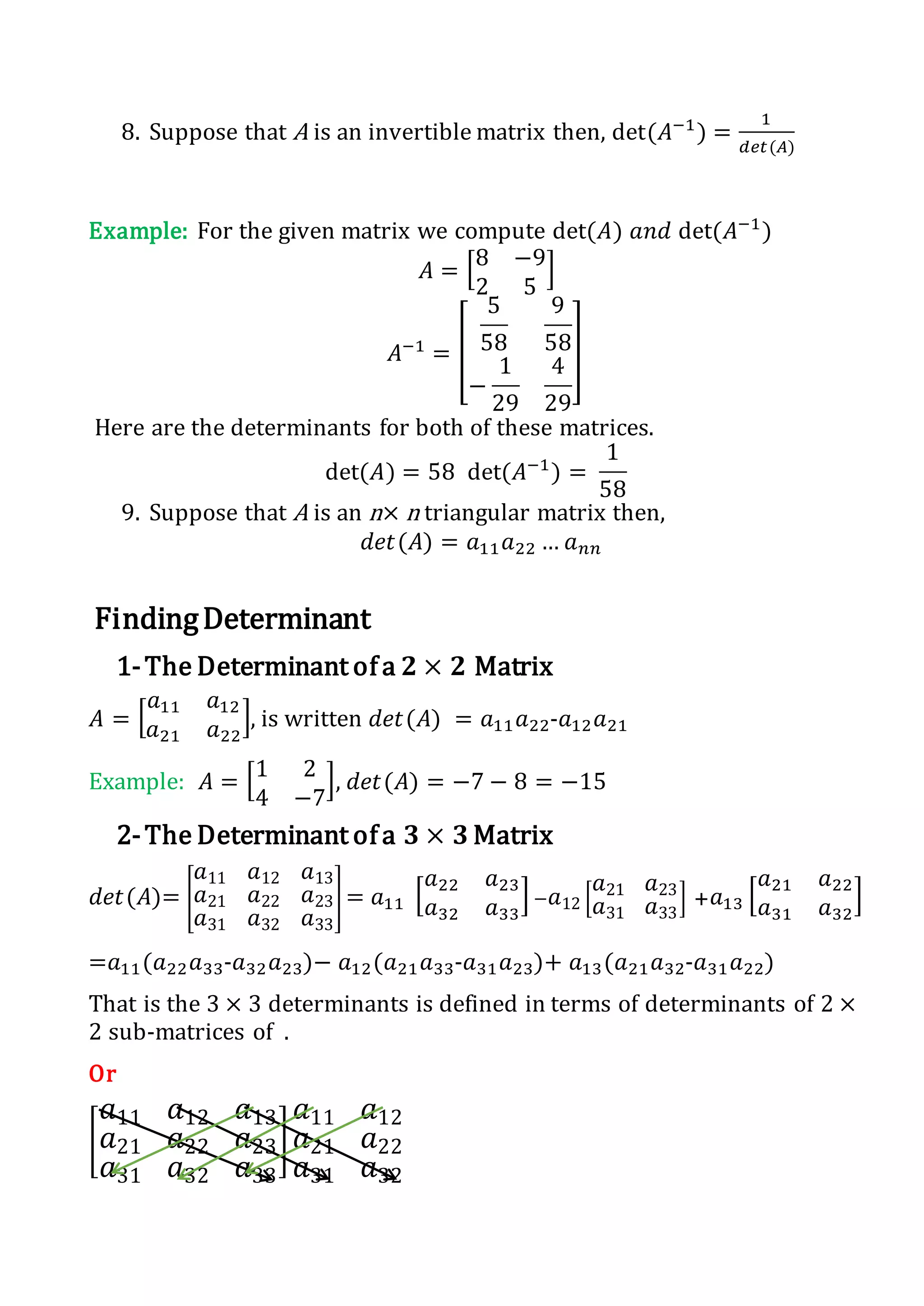 8. Suppose that A is an invertible matrix then, det(𝐴−1
) =
1
𝑑𝑒𝑡(𝐴)
Example: For the given matrix we compute det(𝐴) 𝑎𝑛𝑑 det(𝐴−1
)
𝐴 = [8 −9
2 5
]
𝐴−1
= [
5
58
9
58
−
1
29
4
29
]
Here are the determinants for both of these matrices.
det(𝐴) = 58 det(𝐴−1
) =
1
58
9. Suppose that A is an n× n triangular matrix then,
𝑑𝑒𝑡(𝐴) = 𝑎11 𝑎22 … 𝑎 𝑛𝑛
FindingDeterminant
1-The Determinant of a 𝟐 × 𝟐 Matrix
𝐴 = [
𝑎11 𝑎12
𝑎21 𝑎22
], is written 𝑑𝑒𝑡(𝐴) = 𝑎11 𝑎22-𝑎12 𝑎21
Example: 𝐴 = [1 2
4 −7
], 𝑑𝑒𝑡(𝐴) = −7 − 8 = −15
2-The Determinant of a 𝟑 × 𝟑 Matrix
𝑑𝑒𝑡(𝐴)= [
𝑎11 𝑎12 𝑎13
𝑎21 𝑎22 𝑎23
𝑎31 𝑎32 𝑎33
] = 𝑎11 [
𝑎22 𝑎23
𝑎32 𝑎33
] − 𝑎12 [
𝑎21 𝑎23
𝑎31 𝑎33
] + 𝑎13 [
𝑎21 𝑎22
𝑎31 𝑎32
]
=𝑎11(𝑎22 𝑎33-𝑎32 𝑎23)− 𝑎12(𝑎21 𝑎33-𝑎31 𝑎23)+ 𝑎13(𝑎21 𝑎32-𝑎31 𝑎22)
That is the 3 × 3 determinants is defined in terms of determinants of 2 ×
2 sub-matrices of .
Or
[
𝑎11 𝑎12 𝑎13
𝑎21 𝑎22 𝑎23
𝑎31 𝑎32 𝑎33
]
𝑎11 𝑎12
𝑎21 𝑎22
𝑎31 𝑎32
 