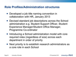 Role Profiles/Administration structures
• Developed a job title naming convention in
collaboration with HR, January 2013
• Devised standard job descriptions across the School
administration e.g. Student Support Officer, Student
Experience Manager/Student Office Manager,
Programme Co-ordinator
• Introducing a School administration model with core
required roles (regardless of size) across each
department in order of priority
• Next priority is to establish research administrators as
a core role in each School
University of Dundee 8th November 2013Page 20
 