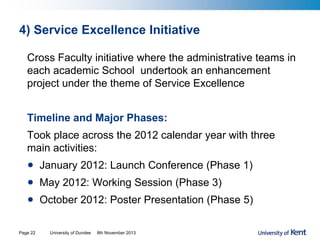 4) Service Excellence Initiative
Cross Faculty initiative where the administrative teams in
each academic School undertook an enhancement
project under the theme of Service Excellence
Timeline and Major Phases:
Took place across the 2012 calendar year with three
main activities:
• January 2012: Launch Conference (Phase 1)
• May 2012: Working Session (Phase 3)
• October 2012: Poster Presentation (Phase 5)
University of Dundee 8th November 2013Page 22
 