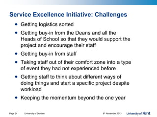 Service Excellence Initiative: Challenges
• Getting logistics sorted
• Getting buy-in from the Deans and all the
Heads of School so that they would support the
project and encourage their staff
• Getting buy-in from staff
• Taking staff out of their comfort zone into a type
of event they had not experienced before
• Getting staff to think about different ways of
doing things and start a specific project despite
workload
• Keeping the momentum beyond the one year
University of Dundee 8th November 2013Page 24
 