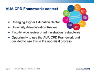 AUA CPD Framework: context
• Changing Higher Education Sector
• University Administration Review
• Faculty wide review of administration restructures
• Opportunity to use the AUA CPD Framework and
decided to use this in the appraisal process
University of Dundee 8th November 2013Page 5
 