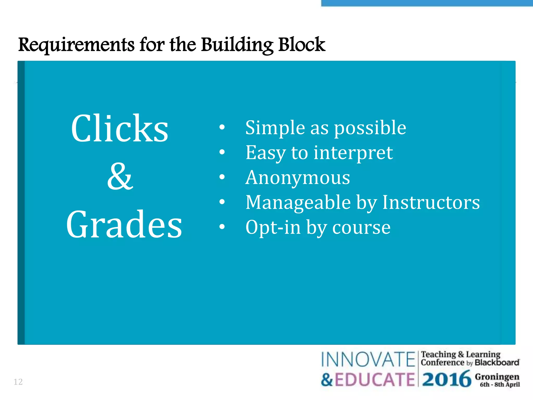 Requirements for the Building Block
12
What about the students?
• Simple as possible
• Easy to interpret
• Anonymous
• Manageable by Instructors
• Opt-in by course
Clicks
&
Grades
 