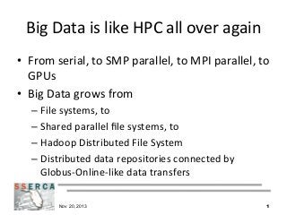 Big	
  Data	
  is	
  like	
  HPC	
  all	
  over	
  again	
  
•  From	
  serial,	
  to	
  SMP	
  parallel,	
  to	
  MPI	
  parallel,	
  to	
  
GPUs	
  
•  Big	
  Data	
  grows	
  from	
  
–  File	
  systems,	
  to	
  
–  Shared	
  parallel	
  ﬁle	
  systems,	
  to	
  
–  Hadoop	
  Distributed	
  File	
  System	
  
–  Distributed	
  data	
  repositories	
  connected	
  by	
  
Globus-­‐Online-­‐like	
  data	
  transfers	
  
Nov 20, 2013

1

 