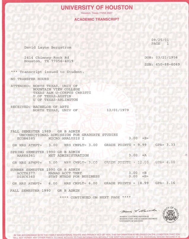 University Of Houston Mba Transcripts 001 | PDF