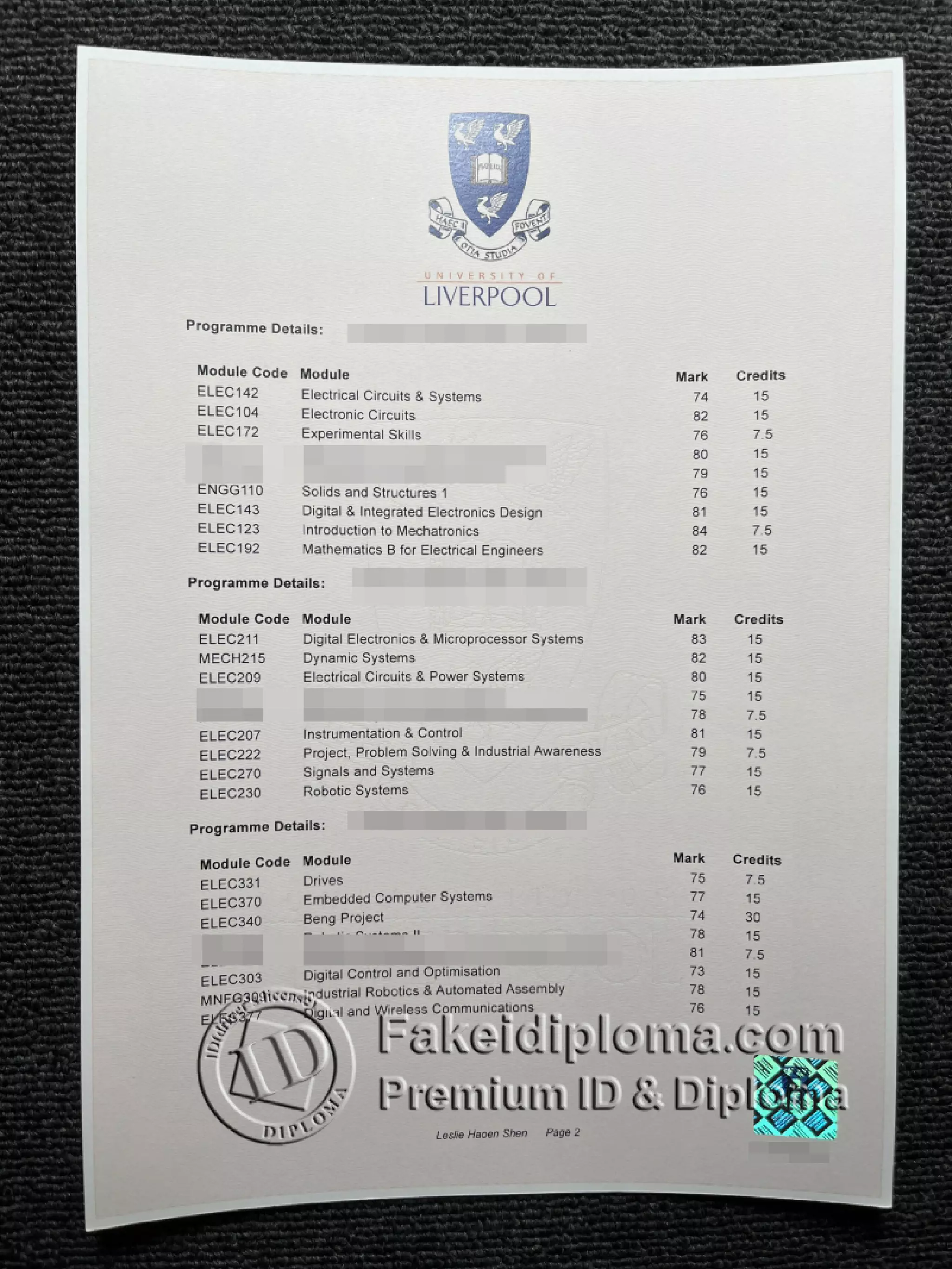 University of Liverpool transcript