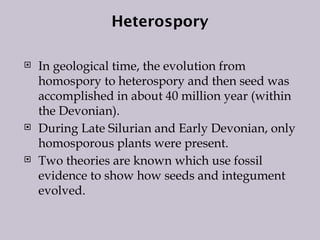 Heterospory
 In geological time, the evolution from
homospory to heterospory and then seed was
accomplished in about 40 million year (within
the Devonian).
 During Late Silurian and Early Devonian, only
homosporous plants were present.
 Two theories are known which use fossil
evidence to show how seeds and integument
evolved.
 