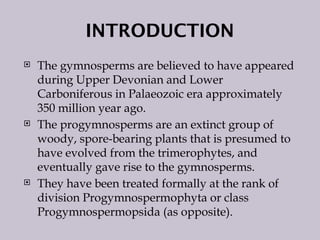 INTRODUCTION
 The gymnosperms are believed to have appeared
during Upper Devonian and Lower
Carboniferous in Palaeozoic era approximately
350 million year ago.
 The progymnosperms are an extinct group of
woody, spore-bearing plants that is presumed to
have evolved from the trimerophytes, and
eventually gave rise to the gymnosperms.
 They have been treated formally at the rank of
division Progymnospermophyta or class
Progymnospermopsida (as opposite).
 