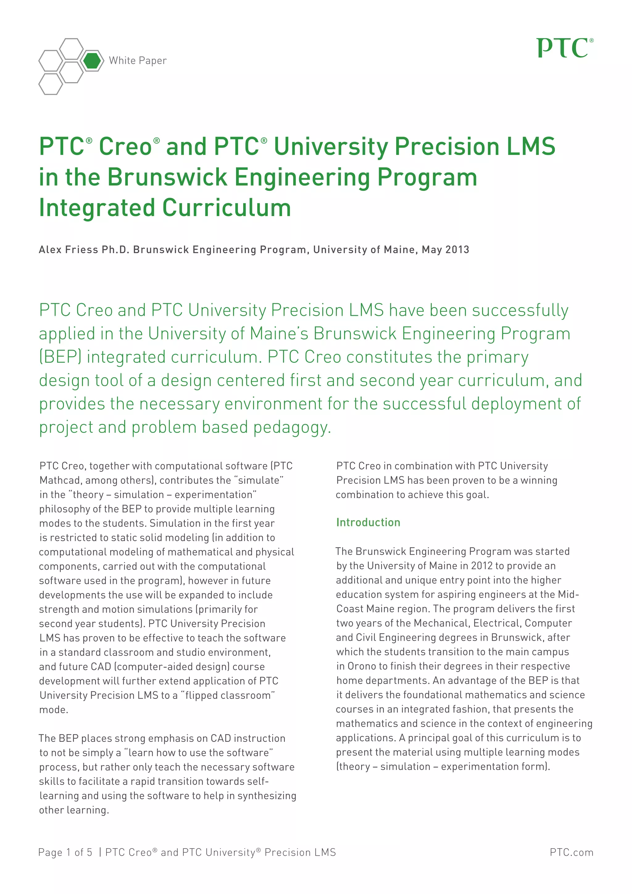 University of Maine's Brunswick Engineering Program Implements PTC ...