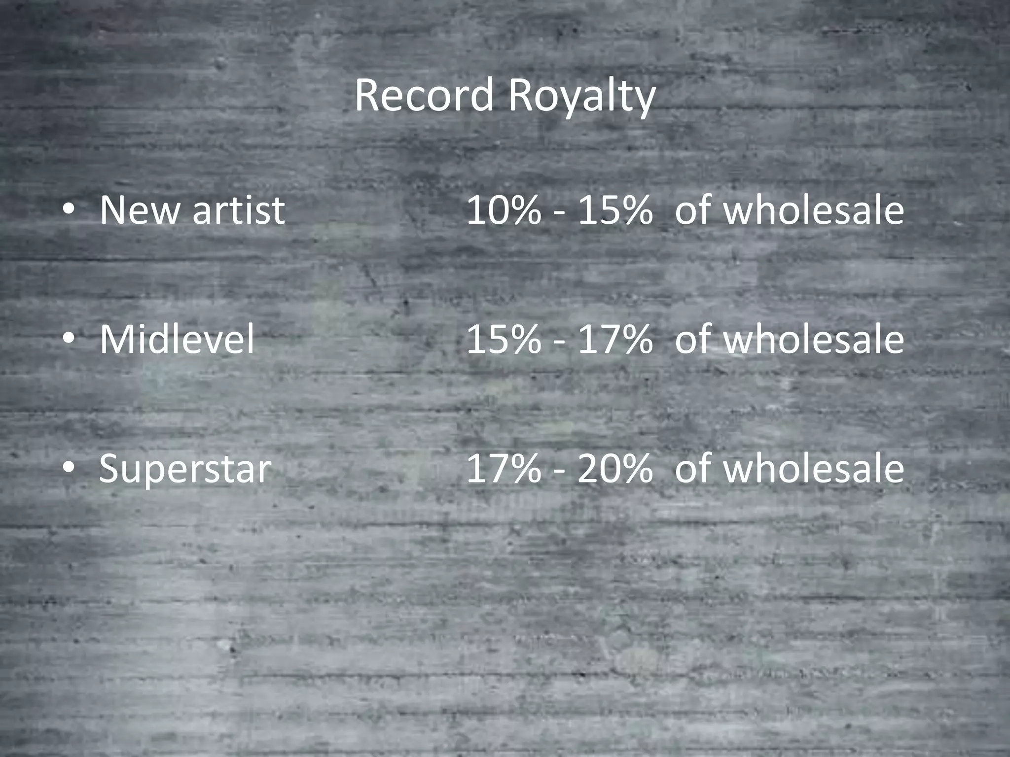 Record Royalty

• New artist        10% - 15% of wholesale

• Midlevel          15% - 17% of wholesale

• Superstar         17% - 20% of wholesale
 