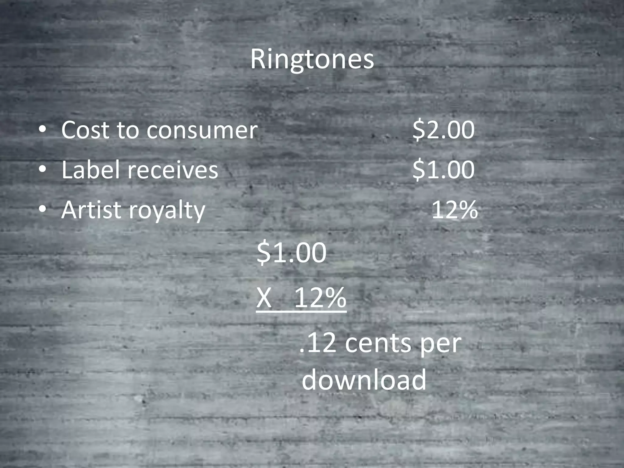 Ringtones

• Cost to consumer           $2.00
• Label receives             $1.00
• Artist royalty              12%
                 $1.00
                 X 12%
                    .12 cents per
                    download
 