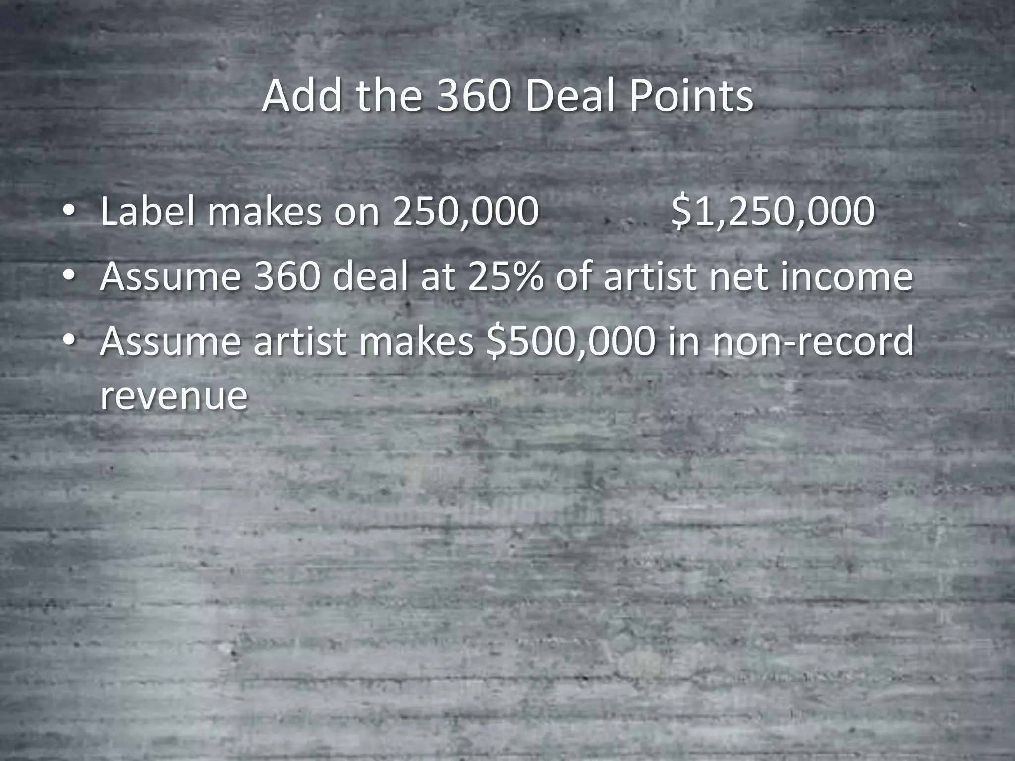 Add the 360 Deal Points

• Label makes on 250,000        $1,250,000
• Assume 360 deal at 25% of artist net income
• Assume artist makes $500,000 in non-record
  revenue
 