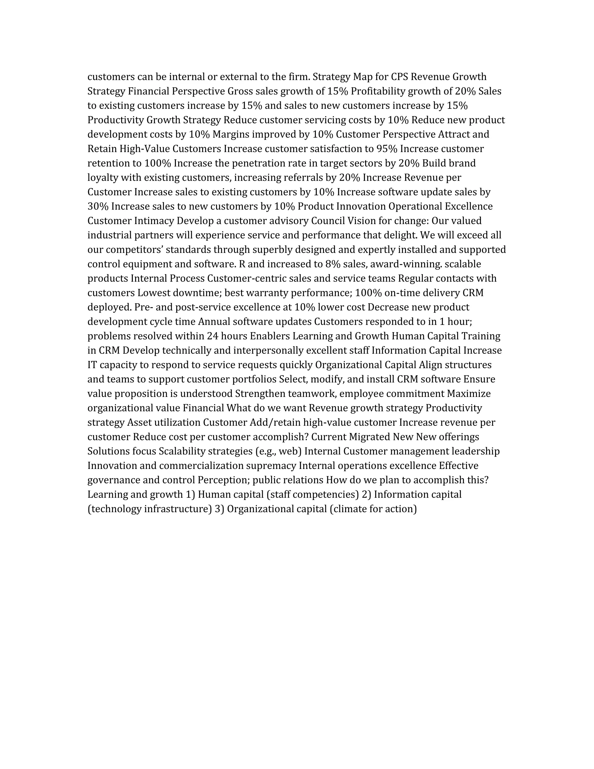 customers can be internal or external to the firm. Strategy Map for CPS Revenue Growth
Strategy Financial Perspective Gross sales growth of 15% Profitability growth of 20% Sales
to existing customers increase by 15% and sales to new customers increase by 15%
Productivity Growth Strategy Reduce customer servicing costs by 10% Reduce new product
development costs by 10% Margins improved by 10% Customer Perspective Attract and
Retain High-Value Customers Increase customer satisfaction to 95% Increase customer
retention to 100% Increase the penetration rate in target sectors by 20% Build brand
loyalty with existing customers, increasing referrals by 20% Increase Revenue per
Customer Increase sales to existing customers by 10% Increase software update sales by
30% Increase sales to new customers by 10% Product Innovation Operational Excellence
Customer Intimacy Develop a customer advisory Council Vision for change: Our valued
industrial partners will experience service and performance that delight. We will exceed all
our competitors’ standards through superbly designed and expertly installed and supported
control equipment and software. R and increased to 8% sales, award-winning. scalable
products Internal Process Customer-centric sales and service teams Regular contacts with
customers Lowest downtime; best warranty performance; 100% on-time delivery CRM
deployed. Pre- and post-service excellence at 10% lower cost Decrease new product
development cycle time Annual software updates Customers responded to in 1 hour;
problems resolved within 24 hours Enablers Learning and Growth Human Capital Training
in CRM Develop technically and interpersonally excellent staff Information Capital Increase
IT capacity to respond to service requests quickly Organizational Capital Align structures
and teams to support customer portfolios Select, modify, and install CRM software Ensure
value proposition is understood Strengthen teamwork, employee commitment Maximize
organizational value Financial What do we want Revenue growth strategy Productivity
strategy Asset utilization Customer Add/retain high-value customer Increase revenue per
customer Reduce cost per customer accomplish? Current Migrated New New offerings
Solutions focus Scalability strategies (e.g., web) Internal Customer management leadership
Innovation and commercialization supremacy Internal operations excellence Effective
governance and control Perception; public relations How do we plan to accomplish this?
Learning and growth 1) Human capital (staff competencies) 2) Information capital
(technology infrastructure) 3) Organizational capital (climate for action)
 
