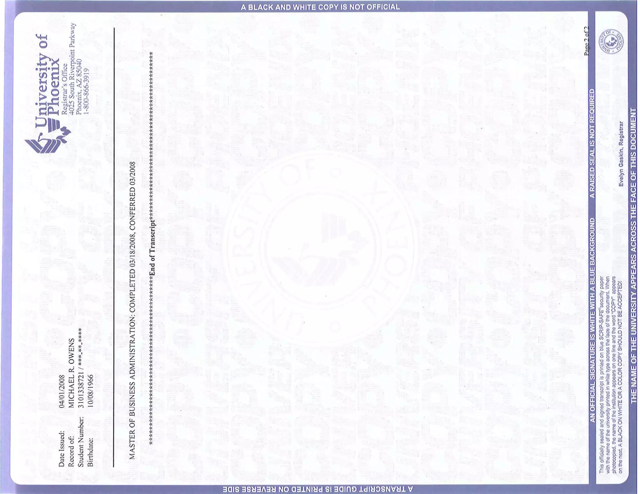 University of phoenix diploma & transcript