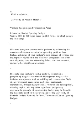 University of Phoenix MaterialVenture Budgeting and Forecasting .docx
