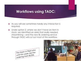 Workflows using TADC: 
 As you will see sometimes hardly any interaction is 
required. 
 Under option 2, where we don’t ...