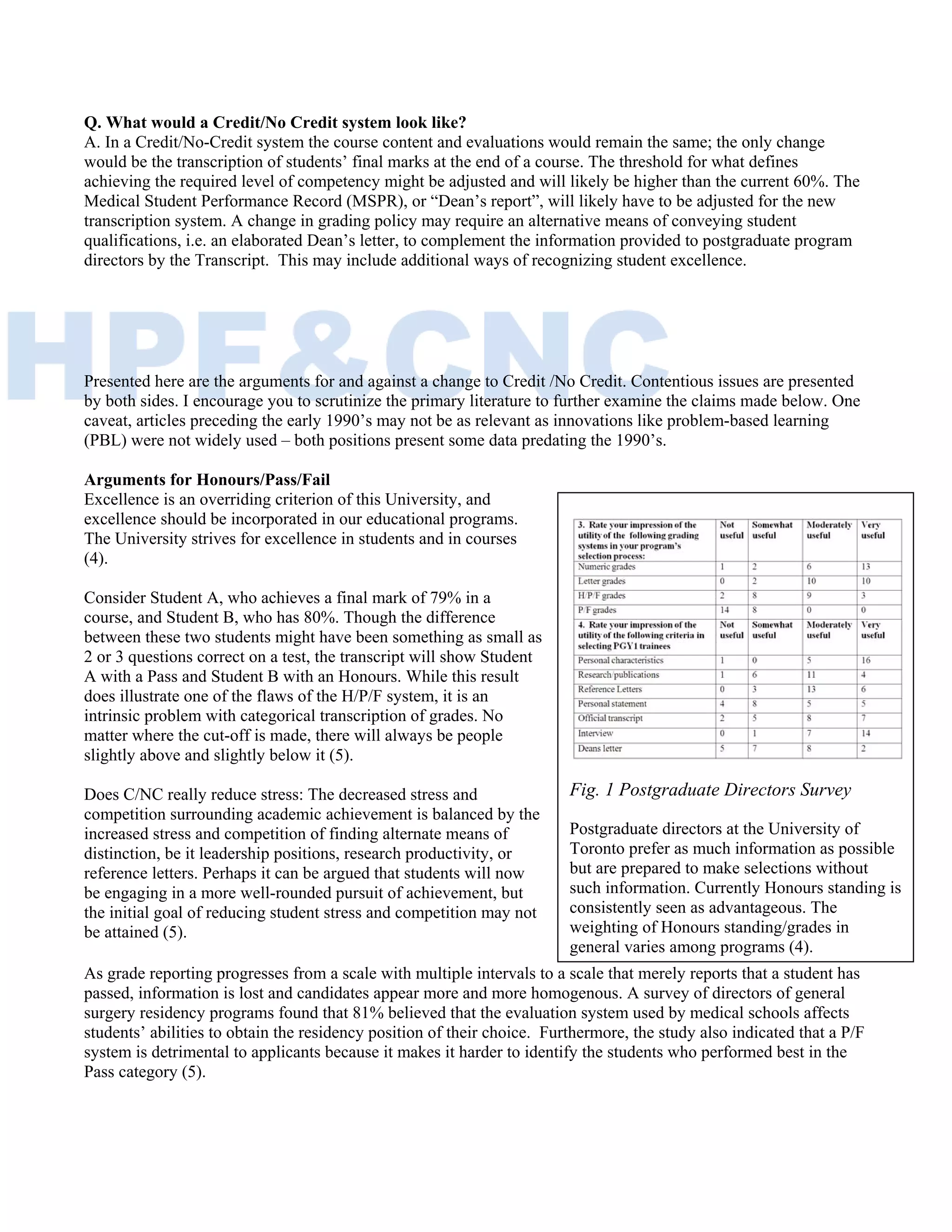 Q. What would a Credit/No Credit system look like?
A. In a Credit/No-Credit system the course content and evaluations would remain the same; the only change
would be the transcription of students’ final marks at the end of a course. The threshold for what defines
achieving the required level of competency might be adjusted and will likely be higher than the current 60%. The
Medical Student Performance Record (MSPR), or “Dean’s report”, will likely have to be adjusted for the new
transcription system. A change in grading policy may require an alternative means of conveying student
qualifications, i.e. an elaborated Dean’s letter, to complement the information provided to postgraduate program
directors by the Transcript. This may include additional ways of recognizing student excellence.
 




Presented here are the arguments for and against a change to Credit /No Credit. Contentious issues are presented
by both sides. I encourage you to scrutinize the primary literature to further examine the claims made below. One
caveat, articles preceding the early 1990’s may not be as relevant as innovations like problem-based learning
(PBL) were not widely used – both positions present some data predating the 1990’s.

Arguments for Honours/Pass/Fail
Excellence is an overriding criterion of this University, and
excellence should be incorporated in our educational programs.
The University strives for excellence in students and in courses
(4).

Consider Student A, who achieves a final mark of 79% in a
course, and Student B, who has 80%. Though the difference
between these two students might have been something as small as
2 or 3 questions correct on a test, the transcript will show Student
A with a Pass and Student B with an Honours. While this result
does illustrate one of the flaws of the H/P/F system, it is an
intrinsic problem with categorical transcription of grades. No
matter where the cut-off is made, there will always be people
slightly above and slightly below it (5).

Does C/NC really reduce stress: The decreased stress and                 Fig. 1 Postgraduate Directors Survey
competition surrounding academic achievement is balanced by the
increased stress and competition of finding alternate means of           Postgraduate directors at the University of
distinction, be it leadership positions, research productivity, or       Toronto prefer as much information as possible
reference letters. Perhaps it can be argued that students will now       but are prepared to make selections without
be engaging in a more well-rounded pursuit of achievement, but           such information. Currently Honours standing is
the initial goal of reducing student stress and competition may not      consistently seen as advantageous. The
be attained (5).                                                         weighting of Honours standing/grades in
                                                                         general varies among programs (4).
As grade reporting progresses from a scale with multiple intervals to a scale that merely reports that a student has
passed, information is lost and candidates appear more and more homogenous. A survey of directors of general
surgery residency programs found that 81% believed that the evaluation system used by medical schools affects
students’ abilities to obtain the residency position of their choice. Furthermore, the study also indicated that a P/F
system is detrimental to applicants because it makes it harder to identify the students who performed best in the
Pass category (5).

 

 
 