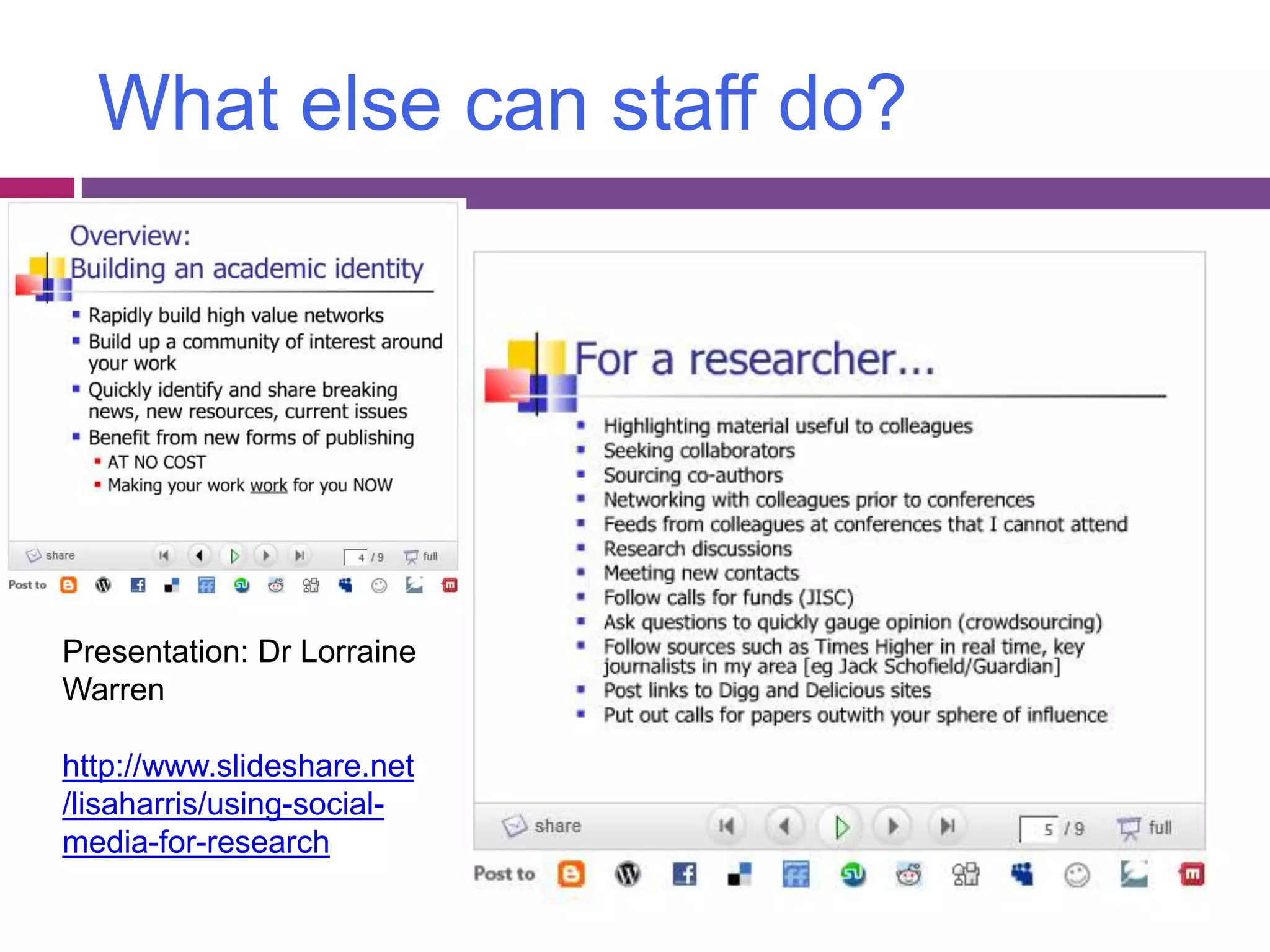 What else can staff do?Presentation: Dr Lorraine Warrenhttp://www.slideshare.net/lisaharris/using-social-media-for-research
