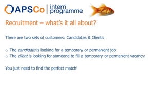 Recruitment – what’s it all about?
There are two sets of customers: Candidates & Clients

o The candidate is looking for a temporary or permanent job
o The client is looking for someone to fill a temporary or permanent vacancy
You just need to find the perfect match!

 