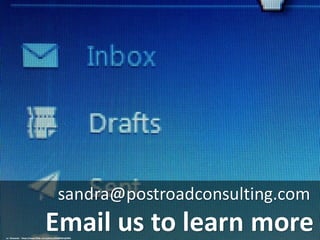 Email us to learn more
sandra@postroadconsulting.com
cc: hitsnooze - https://www.flickr.com/photos/63089963@N02