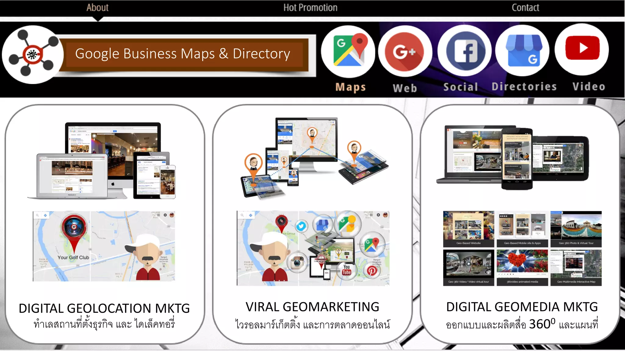 Google Business Maps & Directory
DIGITAL GEOLOCATION MKTG
ทาเลสถานที่ตั้งธุรกิจ และ มดเล็คทอรี่
VIRAL GEOMARKETING
มวรอลมาร์เก็ตติ้ง และการตลาดออนมลน์
DIGITAL GEOMEDIA MKTG
ออกแบบและผลิตสื่อ 3600 และแผนที่
 