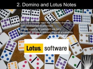2. Domino and Lotus Notes


 Corporate directory went into a domino directory
 RAD development environment
 Intranet useri...