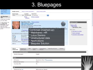 3. Bluepages



Combined (mashed-up)
* Mainframe / HR
* Lotus Domino
* Unstructured data
* Applications
* Bespoke Solution
 