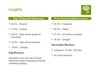 Insights
Top 5 Personal Influences
 84.4% - Parents
 71.0% - Friends
 34.4% - High school guidance
counselor
 33.0% - ...