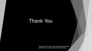 Thank You
Disclaimer: The data in this presentation has been
collated from various books and online portal.
 