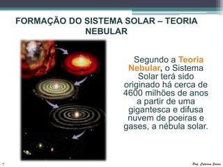 FORMAÇÃO DO SISTEMA SOLAR – TEORIA
                NEBULAR


                           Segundo a Teoria
                         Nebular, o Sistema
                            Solar terá sido
                        originado há cerca de
                        4600 milhões de anos
                            a partir de uma
                         gigantesca e difusa
                         nuvem de poeiras e
                        gases, a nébula solar.



7                                        Prof. Catarina Soares
 