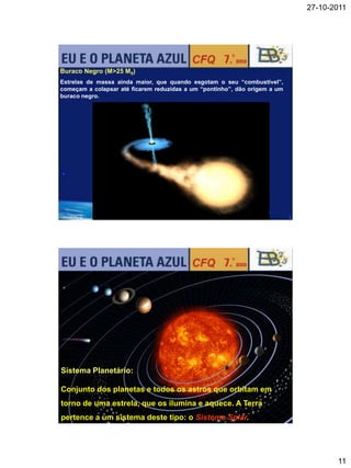27-10-2011




Buraco Negro (M>25 M 0)
Estrelas de massa ainda maior, que quando esgotam o seu “combustível”,
começam a colapsar até ficarem reduzidas a um “pontinho”, dão origem a um
buraco negro.




Sistema Planetário:

Conjunto dos planetas e todos os astros que orbitam em
torno de uma estrela, que os ilumina e aquece. A Terra
pertence a um sistema deste tipo: o Sistema Solar.




                                                                                   11
 