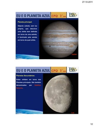 27-10-2011




 Planeta principal:

 Objecto celeste, sem luz
 própria,   que    descreve
 uma órbita bem definida
 em torno de uma estrela;
 é iluminado pela estrela
 em torno da qual orbita.




                                    Júpiter




Planetas Secundários:

Estes orbitam em torno dos
Planetas principais. São também
denominados       por   Satélites
Naturais.




                                    Lua




                                                     12
 