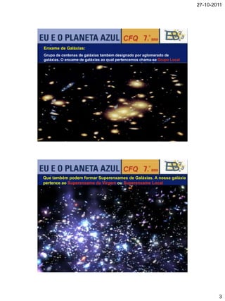 27-10-2011




Enxame de Galáxias:
Grupo de centenas de galáxias também designado por aglomerado de
galáxias. O enxame de galáxias ao qual pertencemos chama-se Grupo Local




Que também podem formar Superenxames de Galáxias. A nossa galáxia
pertence ao Superenxame da Virgem ou Superenxame Local




                                                                                  3
 