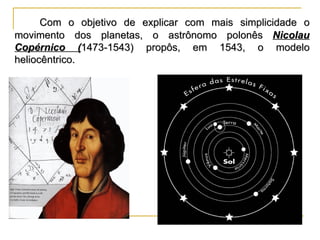 Com o objetivo de explicar com mais simplicidade o
movimento dos planetas, o astrônomo polonês Nicolau
Copérnico (1473-1543) propôs, em 1543, o modelo
heliocêntrico.
 