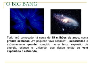 O BIG BANG




Tudo terá começado há cerca de 15 milhões de anos, numa
grande explosão Um pequeno “ovo cósmico“ , superdenso e
extremamente quente, rompido numa feroz explosão de
energia, criando o Universo, que desde então se vem
expandido e esfriando.
 