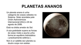 PLANETAS ANANOS
Un planeta anano é unha
categoría de corpos celestes no
Sistema Solar acordaba pola
Unión Astronómicos
Internacional (IAU) o 24 de
agosto de 2006.
Está na órbita arredor do Sol.
A súa grabidade supera as forzas
do corpo ríxido e asume unha
forma en equilibrio hidróstático
( practicamente esférica ) .
Non é un satélite dun planeta ou
doutro corpo non estelar.

 