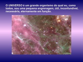 O  UNIVERSO  é um grande organismo do qual eu, como todos, sou uma pequena engrenagem, útil, inconfundível, necessária, eternamente em função.  